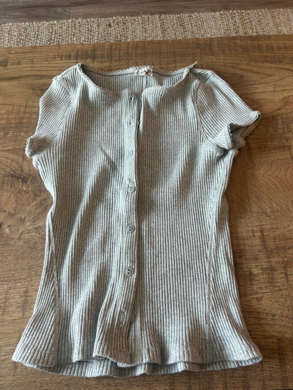 Free People Light Gray Ribbed Button-Front Short Sleeve Top